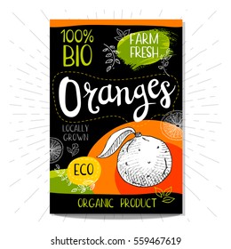 Colorful label in sketch style, food, spices, black background. Oranges. Fruits. Bio, eco, farm, fresh. locally grown. Hand drawn vector illustration.