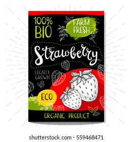 Colorful label in sketch style, food, spices, black background. Strawberry. Fruits. Bio, eco, farm, fresh. locally grown. Hand drawn vector illustration.