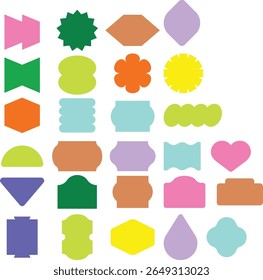 A colorful label sticker set in various shapes for planners, packaging, scrapbooking, journaling, and decoration. Great for digital designs, printables, and office or classroom use. Editable vector.