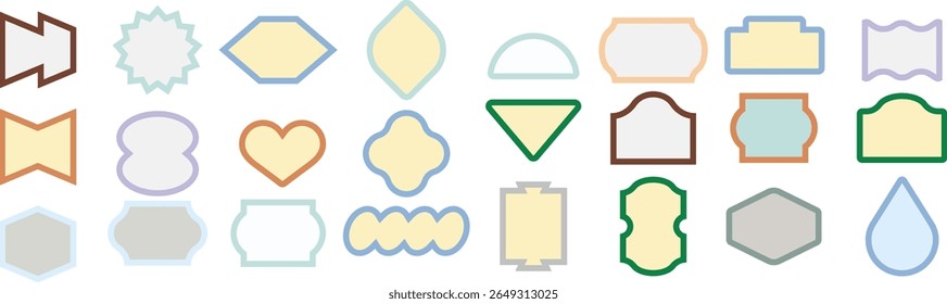 A colorful label sticker set in various shapes for planners, packaging, scrapbooking, journaling, and decoration. Great for digital designs, printables, and office or classroom use. Editable vector.