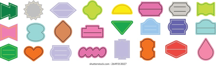 A colorful label sticker set in various shapes for planners, packaging, scrapbooking, journaling, and decoration. Great for digital designs, printables, and office or classroom use. Editable vector.