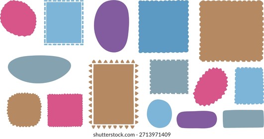 Colorful label and sticker shape collection in playful flat style. Rounded rectangles, ovals, and textured badges for creative layouts. Perfect vector elements for packaging, scrapbooking, branding, 
