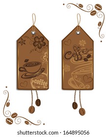 Colorful labels with coffee, coffee cups and coffee beans