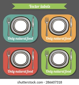 Colorful labels with cutlery and text. Vector illustration