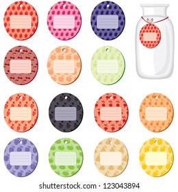 Colorful labels with a fruity background for labeling cans of fruit and berry jam