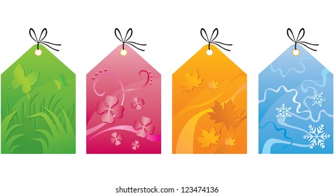 Colorful labels with seasonal spring summer, autumn and winter background