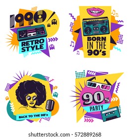 Colorful Labels Set With Vintage Music Disco Game And Geometric Trendy Elements In Retro Style Isolated Vector Illustration