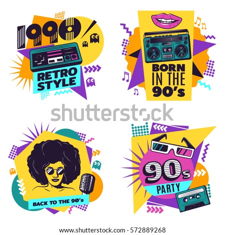 Colorful labels set with vintage music disco game and geometric trendy elements in retro style isolated vector illustration