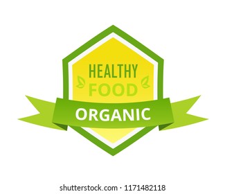 Colorful labels, stickers, badges, healthy organic food. Eco-friendly ecology natural products in the organic food market, farm, biological labels, tags. Vector illustration isolated.