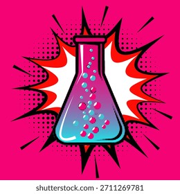 A colorful laboratory flask with bubbling liquid in a retro pop art comic style with a halftone effect and explosion background, 