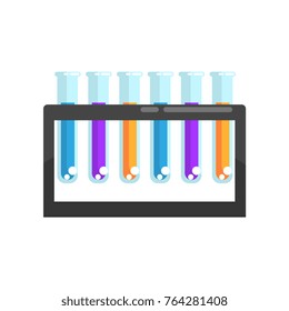 Colorful laboratory glass test tubes with various chemicals on stand. Supplies for scientific experiment. Flat vector design