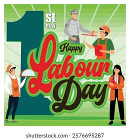 Colorful Labour Day highlighting the contributions of various professions, marked on May 1st. Vibrantly themed to honor workers and their dedication.