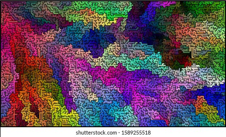 Colorful labyrinth of high complexity. Vector illustration of a maze. Multicolored complex pattern. Abstract geometrical backdrop.