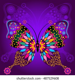 Colorful and lace butterflies on a violet background, vector