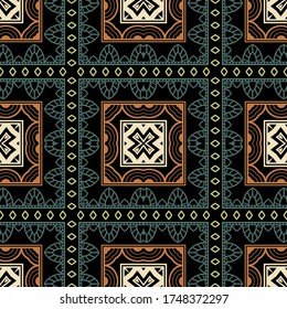 Colorful lace ethnic floral seamless pattern. Vector ornamental plaid background. Abstract tribal repeat tartan backdrop. Geometric folkloric lacy ornament with shapes, squares, flowers, stripes.