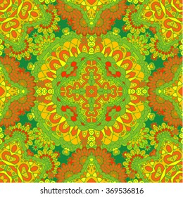 Colorful lace pattern with ornate elements. Yellow green abstract background. Vector stock illustration.