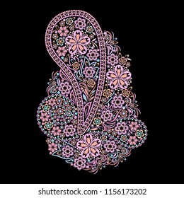 Colorful lace pattern with paisley and flowers. Traditional ethnic ornament. Object isolated on black background. Vector print.