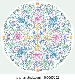 Colorful Lacy Indian Style Mandala. Hand drawn zen art with night moths, lotuses, moons and plants. Vintage round design element for decor and t-shirt fashion design. Vector is EPS8.
