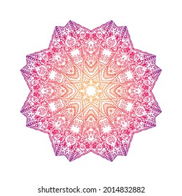 Colorful lacy mandala isolated on white background. Zen doodle circle ornament.