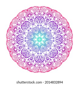 Colorful lacy mandala isolated on white background. Zen doodle circle ornament.