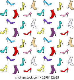 Colorful ladies high heels shoes and half-boots on a white background. Vector seamless pattern for shoe store, shoe factory, printing on packaging, wrapping paper, sales packages, fabric, textile