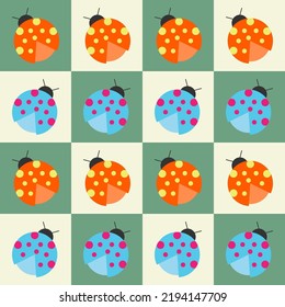 Colorido ladybug chequeó un patrón impecable. Feliz dibujo abstracto de superficie. Ilustración vectorial de caracteres de insectos.