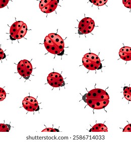 Colorful ladybug seamless pattern on a white background creates a playful and cheerful atmosphere