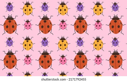 Colorful ladybug seamless pattern. Pink background with insects.  