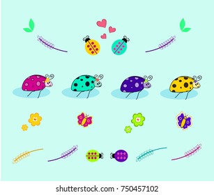 Colorful ladybugs, flowers, butterfly and branch set.