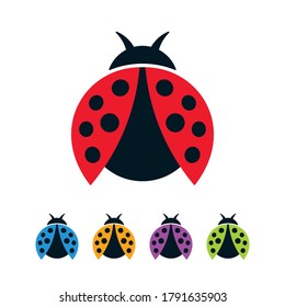 Colorful ladybugs with open wings on white background. Abstract bugs flat icon set.