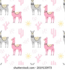 Сute colorful lamas seamless pattern with sun, cactus isolated on white background. Vector flat illustration. Design for childish textile, fabric, wallpaper, wrapping