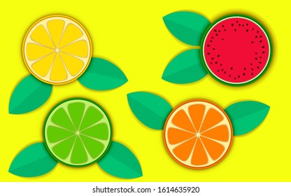 colorful lamons and watermelon on the yellow background