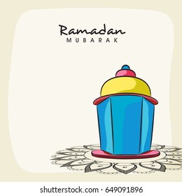 Colorful lamp or lantern on floral design decorated background for Ramadan Mubarak.