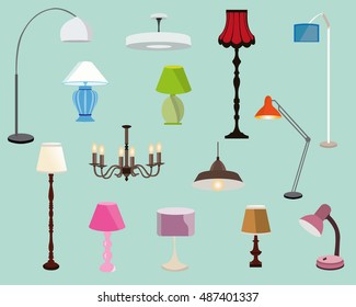 Colorful lamps set. Floor lamps, table lamps and chandeliers.Flat style vector illustration.
