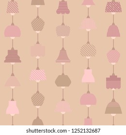 Colorful lampshades hanging in a row. Seamless and flat retro style background illustration. Easy to edit colors in Illustrator (vector eps 10).
