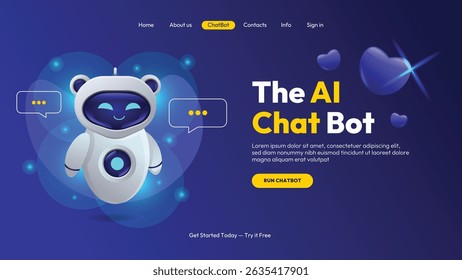 Colorful landing page with cute AI chatbot robot, speech bubbles, and glowing hearts. Modern futuristic UI concept for websites, apps, or digital technology promotion.
