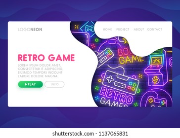 Colorful Landing Page. Mock up website. Home Page. Web banner templates. Social media, business app, seo and marketing. Theme Retro Game. Gamer. Neon sign style. Vector illustration