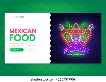 Colorful Landing Page. Mock up website. Home Page. Web banner templates. Social media, business app, seo and marketing. Theme Mexican Food. Mexico Bar. Neon sign style. Vector illustration