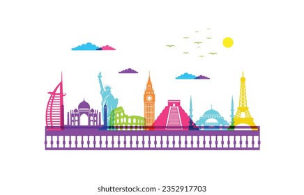 colorful landmark skyline designs, world tourism day, traveling landmark , world travel illustration, colorful landmark illustration,