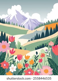 A colorful landscape background of vector fields, farmland, and trees. Flowers in the foreground, mountains Illustration 