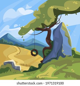 
Colorful landscape with beautiful tree, fields, blue sky with clouds and mountains. Vector illustration.