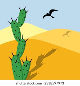 Colorful landscape with cactus, dunes and bird. Mysterious hot desert. Vector.