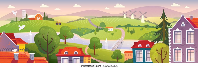 Colorful landscape with city and countryside. Farm fields. Green neighborhood. Aerial view of the residential area. Panoramic view  of green suburban area with residential houses, neighborhood view. 