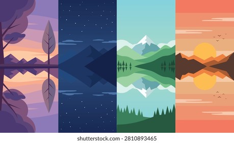 Colorful landscape collection featuring mountains forests lakes night skies and sunset scenery with seasonal panoramic views designed for travel nature backgrounds posters and environmental illustrations.