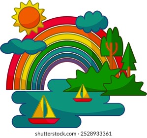 Colorful landscape composition in cartoon style with boats sailing the river sun clouds and rainbow