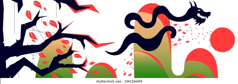 Colorful landscape.  Concept of nature. Abstract background. Graphic design. Digital art. Modern style. Creative icon. Beautiful logo. Isolated objects. Flat composition. Vector illustration 10 EPS