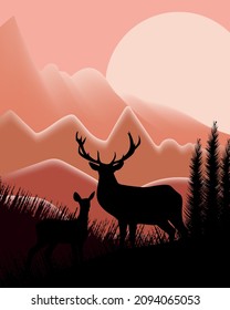 Colorful landscape. Deer with a fawn against the backdrop of majestic mountains and a beautiful sunset