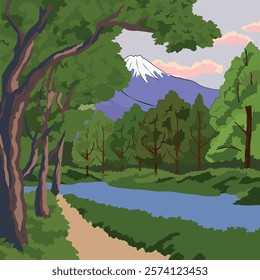 A colorful landscape depicting a spring forest with a river running through it. A forest path framed by green trees can be seen in the foreground. A mountain with a snow-covered peak rises in the back