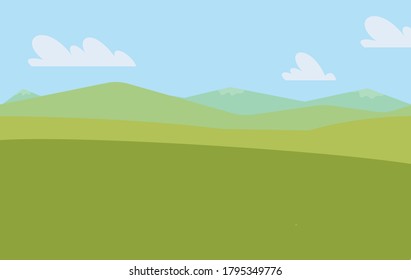 Colorful landscape with fields, mountains, sky and clouds. Vector flat cartoon illustration. 