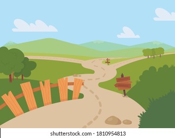 Colorful landscape with fields, mountains, sky, clouds, roads, trees, wooden pointers and fence. Vector flat cartoon illustration. 
